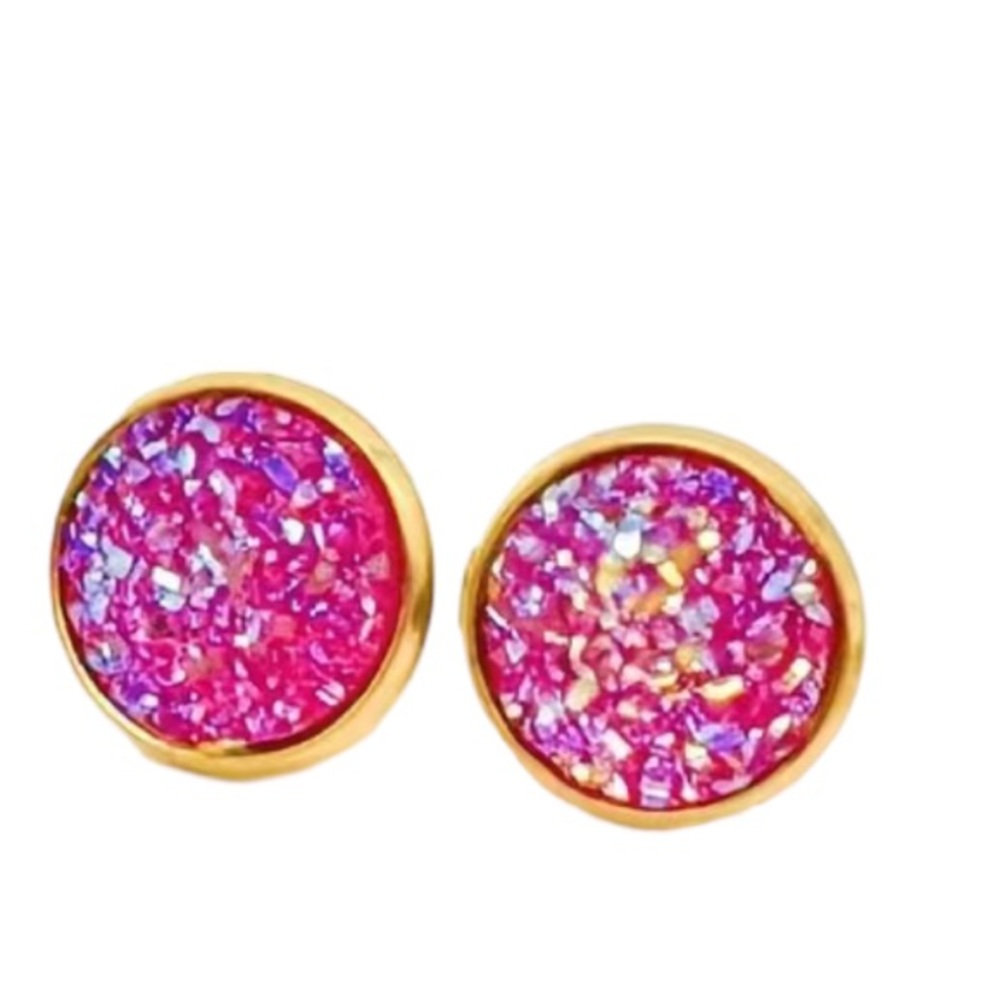 Hot Pink Glitter and Gold Round Stud Earrings - Picture 3 of 7
